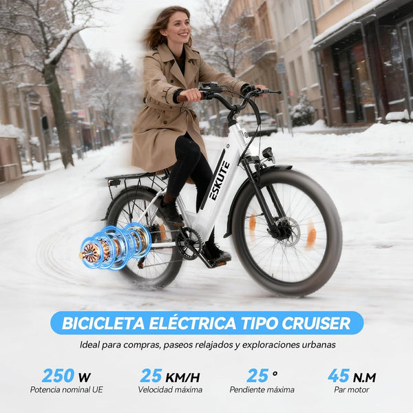 ESKUTE C100 Plus Adult Electric Bike 26, Electric Bike with Rear Motor 250W, Removable Battery 36V 13Ah, 7 Speeds, Max Speed 25 km/h, LCD Display, Low Frame, Men and Women