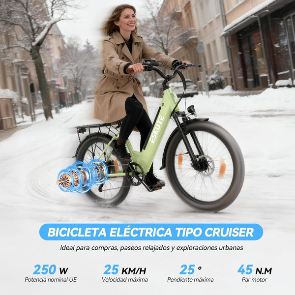 ESKUTE C100 Plus Adult Electric Bike 26, Electric Bike with Rear Motor 250W, Removable Battery 36V 13Ah, 7 Speeds, Max Speed 25 km/h, LCD Display, Low Frame, Men and Women