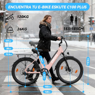 ESKUTE C100 Plus Adult Electric Bike 26, Electric Bike with Rear Motor 250W, Removable Battery 36V 13Ah, 7 Speeds, Max Speed 25 km/h, LCD Display, Low Frame, Men and Women