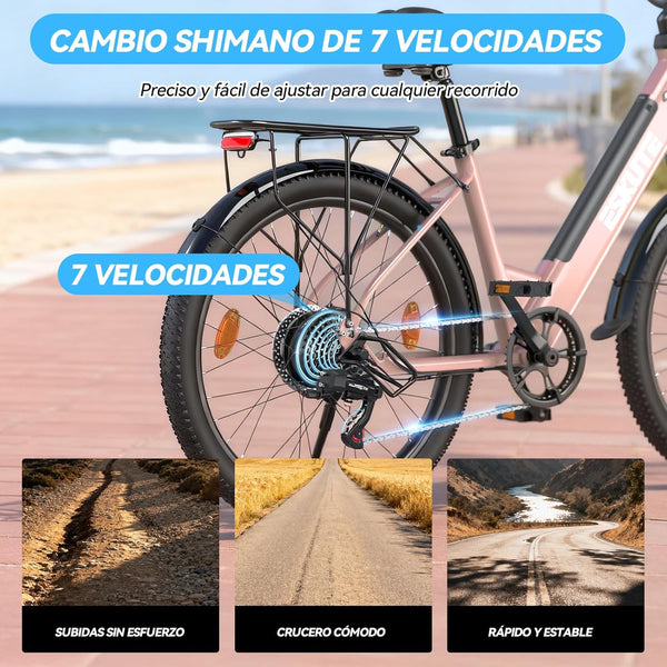 ESKUTE C100 Plus Adult Electric Bike 26, Electric Bike with Rear Motor 250W, Removable Battery 36V 13Ah, 7 Speeds, Max Speed 25 km/h, LCD Display, Low Frame, Men and Women