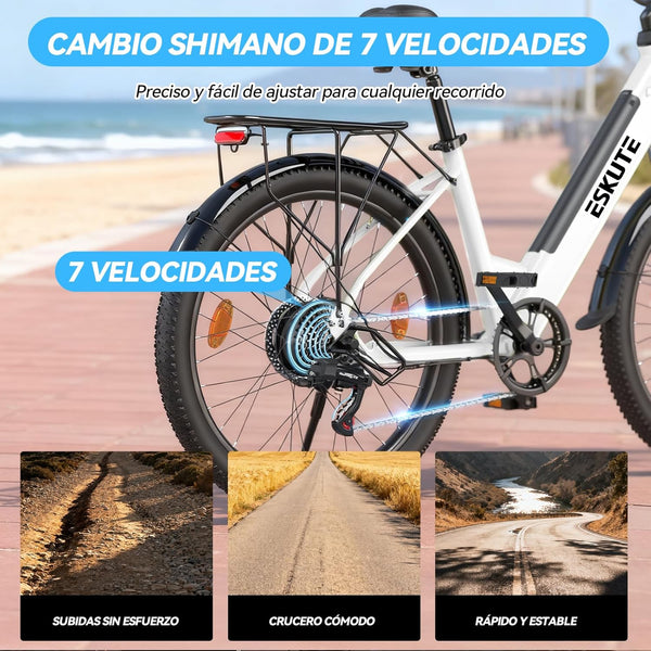 ESKUTE C100 Plus Adult Electric Bike 26, Electric Bike with Rear Motor 250W, Removable Battery 36V 13Ah, 7 Speeds, Max Speed 25 km/h, LCD Display, Low Frame, Men and Women