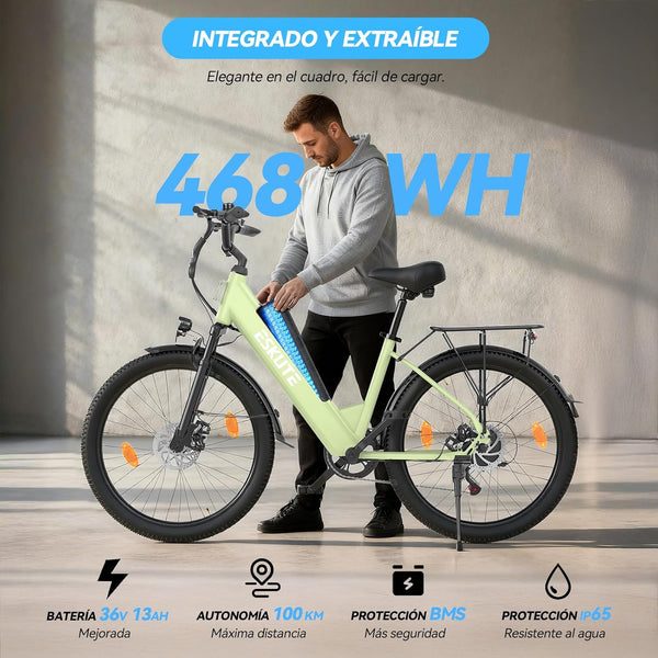 ESKUTE C100 Plus Adult Electric Bike 26, Electric Bike with Rear Motor 250W, Removable Battery 36V 13Ah, 7 Speeds, Max Speed 25 km/h, LCD Display, Low Frame, Men and Women