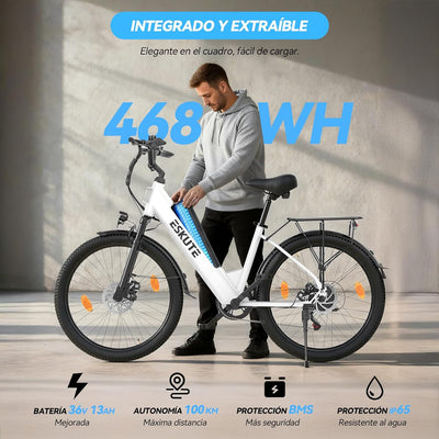 ESKUTE C100 Plus Adult Electric Bike 26, Electric Bike with Rear Motor 250W, Removable Battery 36V 13Ah, 7 Speeds, Max Speed 25 km/h, LCD Display, Low Frame, Men and Women