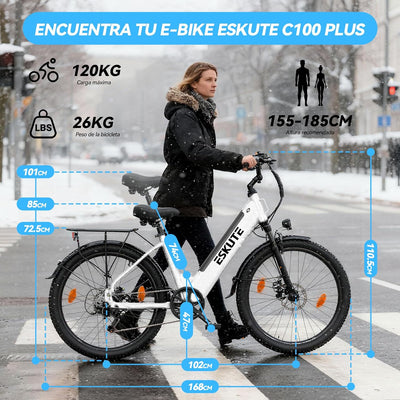 ESKUTE C100 Plus Adult Electric Bike 26, Electric Bike with Rear Motor 250W, Removable Battery 36V 13Ah, 7 Speeds, Max Speed 25 km/h, LCD Display, Low Frame, Men and Women